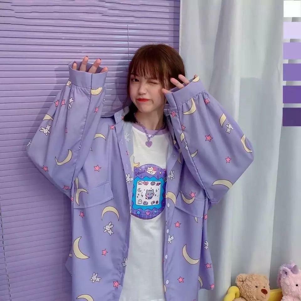Lilac Moon Button-Up Shirt - Y2K Summer, 90s Fashion, Grunge, Retro, Pastel Goth, Y2K Club