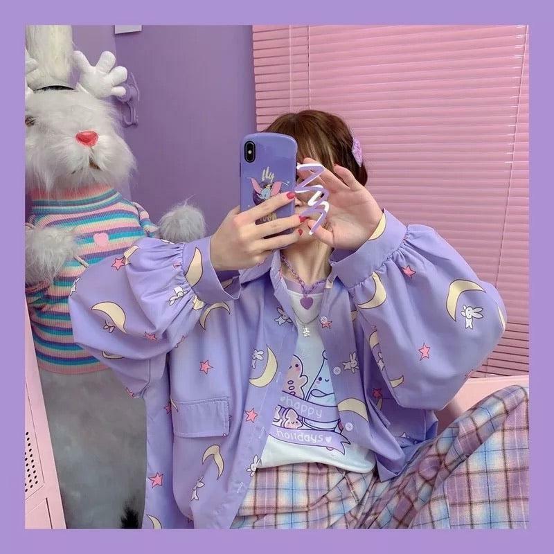 Lilac Moon Button-Up Shirt - Y2K Summer, 90s Fashion, Grunge, Retro, Pastel Goth, Y2K Club