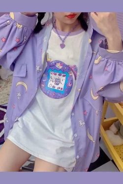 Lilac Moon Button-Up Shirt - Y2K Summer, 90s Fashion, Grunge, Retro, Pastel Goth, Y2K Club