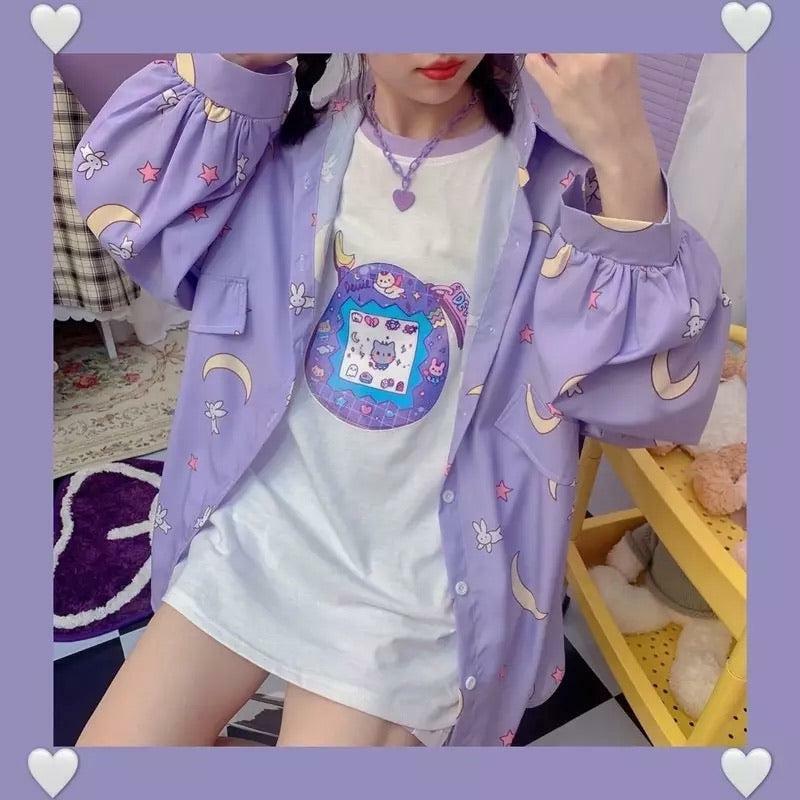 Lilac Moon Button-Up Shirt - Y2K Summer, 90s Fashion, Grunge, Retro, Pastel Goth, Y2K Club