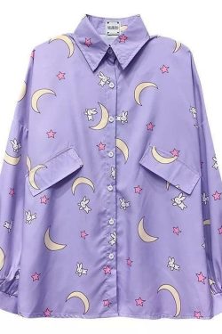 Lilac Moon Button-Up Shirt - Y2K Summer, 90s Fashion, Grunge, Retro, Pastel Goth, Y2K Club