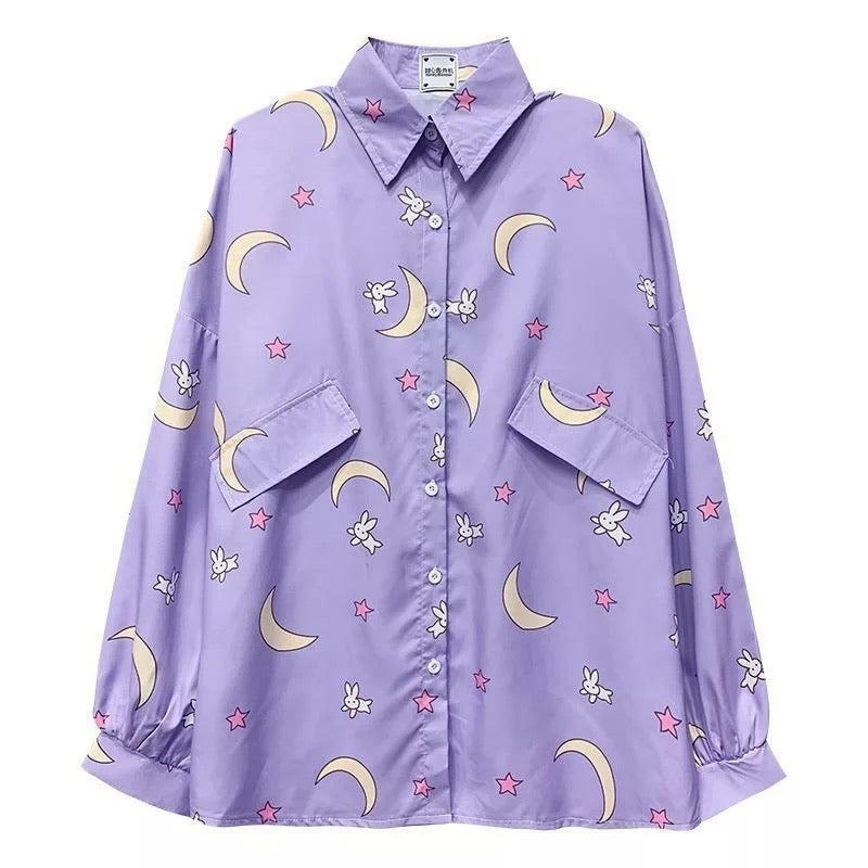 Lilac Moon Button-Up Shirt - Y2K Summer, 90s Fashion, Grunge, Retro, Pastel Goth, Y2K Club