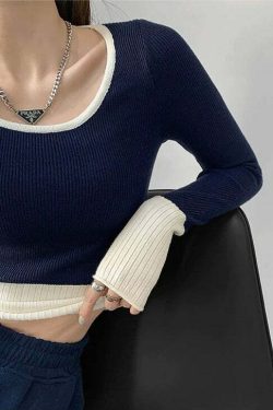 Living In Contrast Colors Long Sleeved Top - Y2K Grunge, 90s Fashion, Retro Summer Outfit