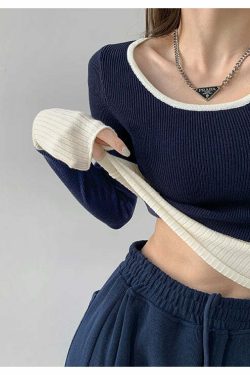 Living In Contrast Colors Long Sleeved Top - Y2K Grunge, 90s Fashion, Retro Summer Outfit