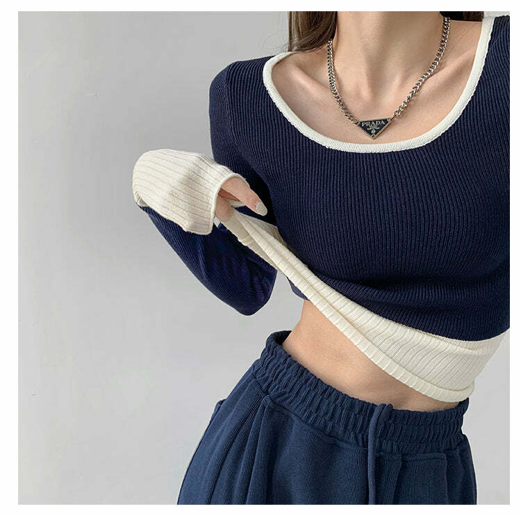 Living In Contrast Colors Long Sleeved Top - Y2K Grunge, 90s Fashion, Retro Summer Outfit
