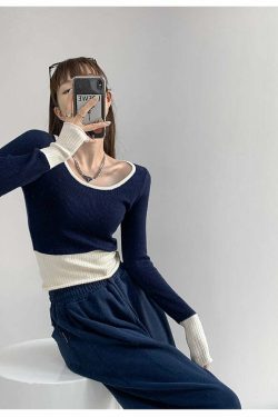 Living In Contrast Colors Long Sleeved Top - Y2K Grunge, 90s Fashion, Retro Summer Outfit