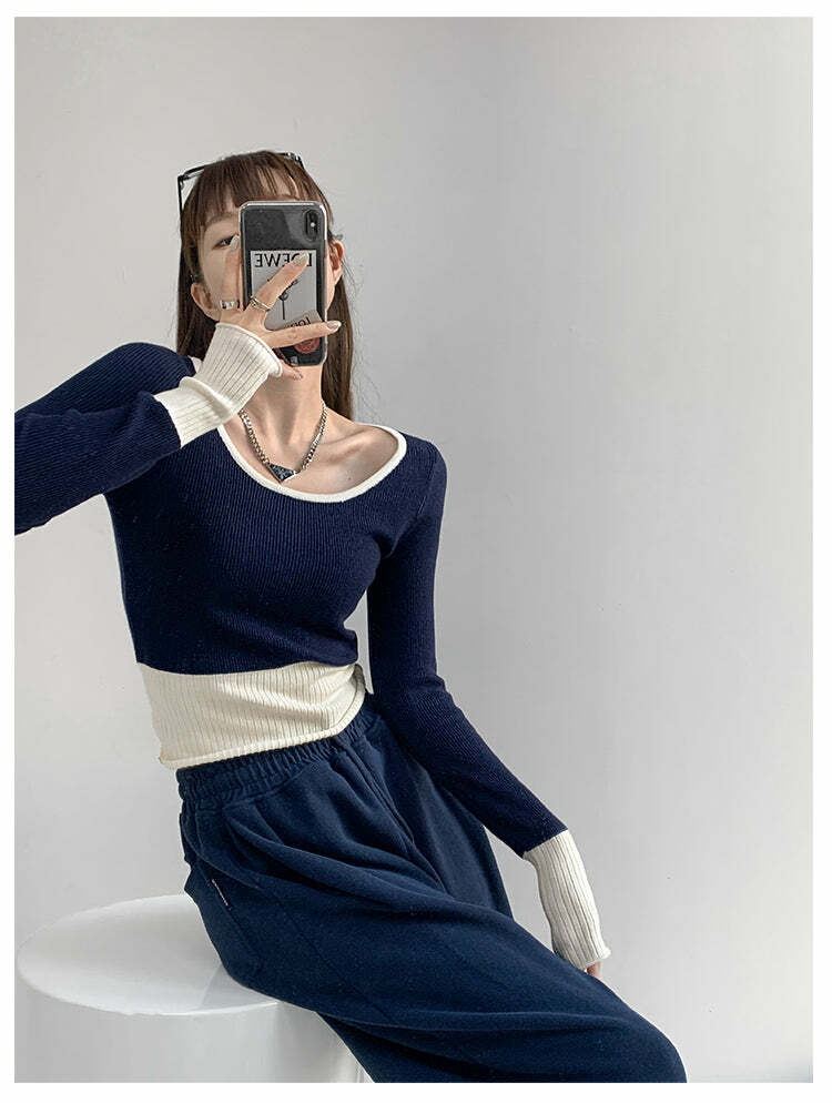 Living In Contrast Colors Long Sleeved Top - Y2K Grunge, 90s Fashion, Retro Summer Outfit