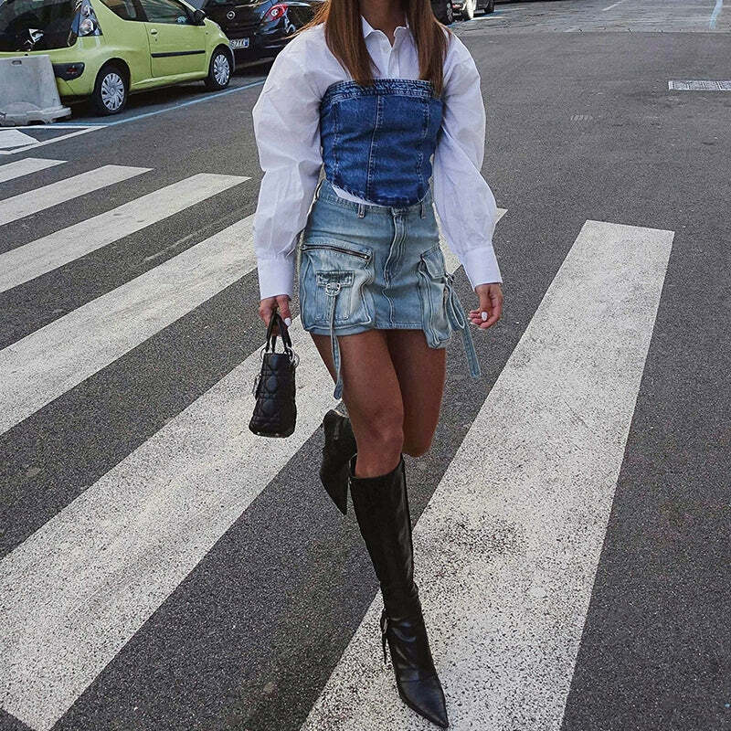 Liza Denim Mini Cargo Skirt - Y2K Summer Grunge, 90s Retro, Pastel Goth, Y2K Party Outfit