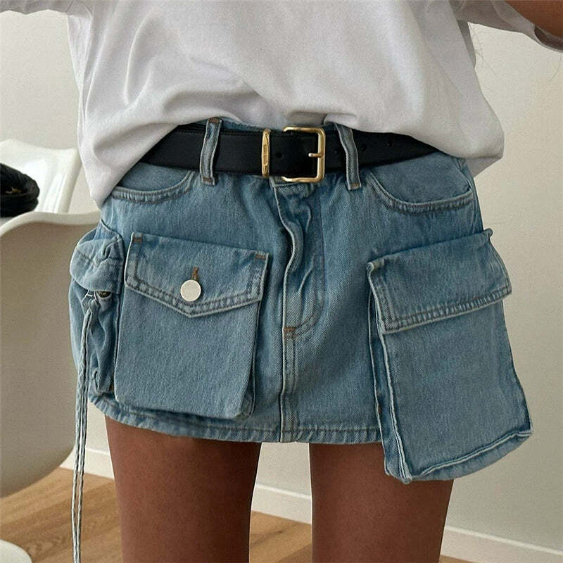 Liza Denim Mini Cargo Skirt - Y2K Summer Grunge, 90s Retro, Pastel Goth, Y2K Party Outfit