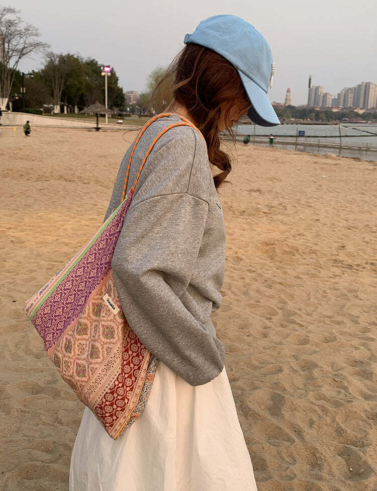 Lochlyn Printed Tote Bag - Y2K Summer & 90s Grunge Fashion, Retro Style, Pastel Goth Accessory