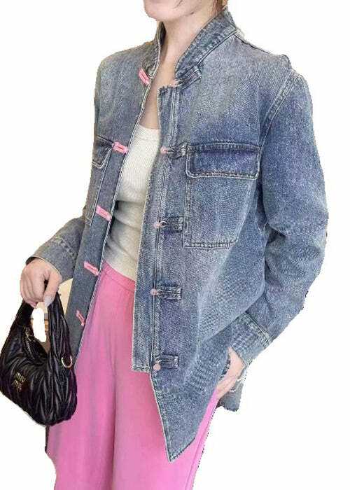 Loose Blue Embroidered Button Denim Coat - Y2K Summer, 90s Grunge, Retro Fashion, Y2K Outfits