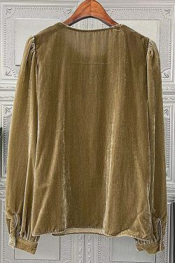 Loose Camel Ruffled Lace Up Patchwork Silk Velour Top - Y2K Summer, 90s Grunge, Retro Fashion