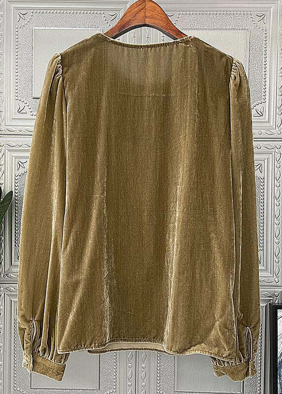 Loose Camel Ruffled Lace Up Patchwork Silk Velour Top - Y2K Summer, 90s Grunge, Retro Fashion