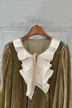 Loose Camel Ruffled Lace Up Patchwork Silk Velour Top - Y2K Summer, 90s Grunge, Retro Fashion