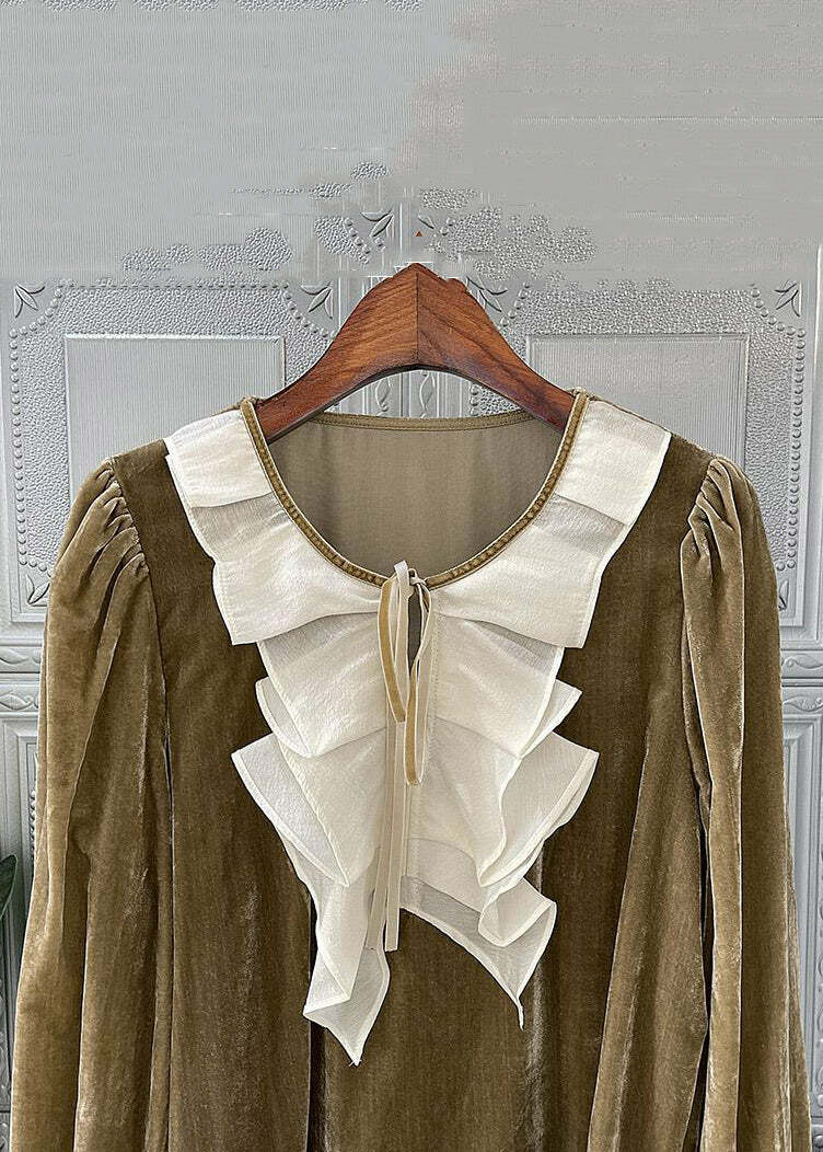 Loose Camel Ruffled Lace Up Patchwork Silk Velour Top - Y2K Summer, 90s Grunge, Retro Fashion