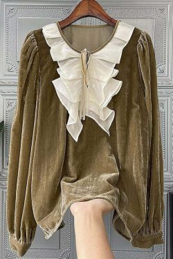 Loose Camel Ruffled Lace Up Patchwork Silk Velour Top - Y2K Summer, 90s Grunge, Retro Fashion