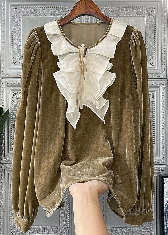 Loose Camel Ruffled Lace Up Patchwork Silk Velour Top - Y2K Summer, 90s Grunge, Retro Fashion