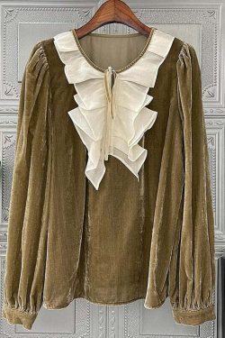 Loose Camel Ruffled Lace Up Patchwork Silk Velour Top - Y2K Summer, 90s Grunge, Retro Fashion