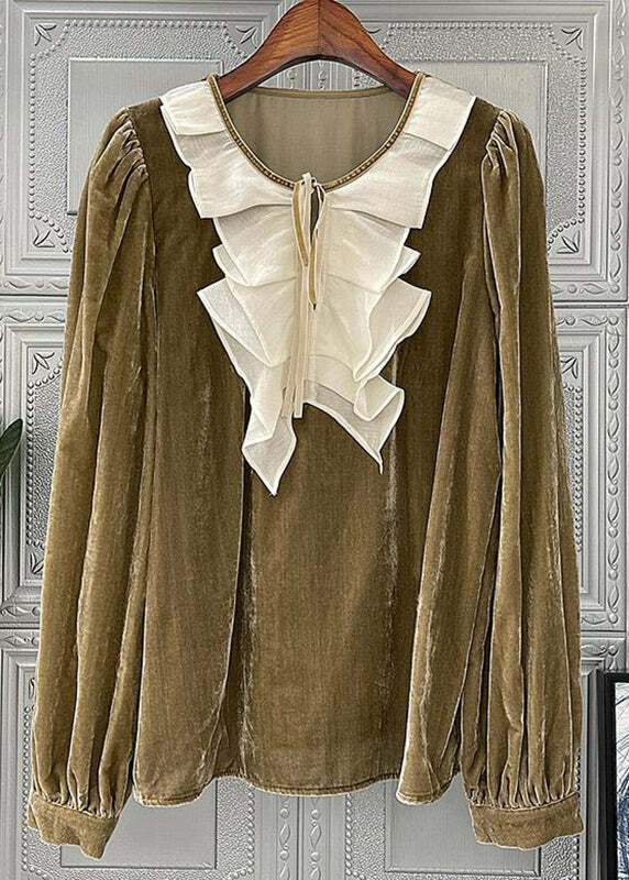Loose Camel Ruffled Lace Up Patchwork Silk Velour Top - Y2K Summer, 90s Grunge, Retro Fashion