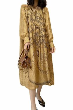 Loose Champagne Silk Dress with Pockets - Y2K Summer, 90s Grunge, Retro Party Outfit
