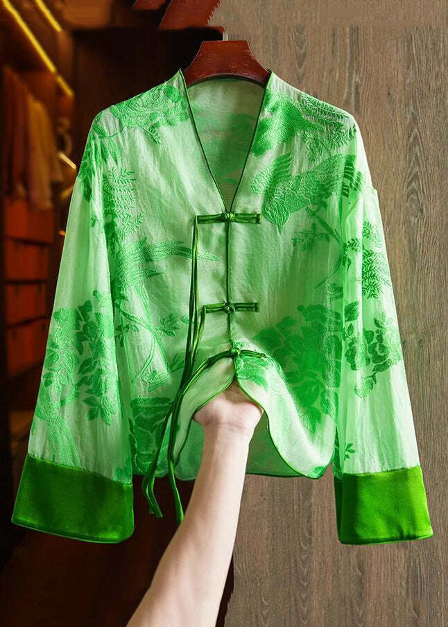 Loose Yellow V Neck Embroidered Silk Shirt - Y2K Summer, 90s Fashion, Grunge, Retro Style