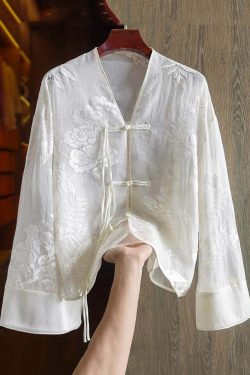 Loose Yellow V Neck Embroidered Silk Shirt - Y2K Summer, 90s Fashion, Grunge, Retro Style