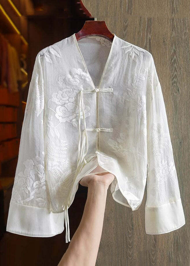 Loose Yellow V Neck Embroidered Silk Shirt - Y2K Summer, 90s Fashion, Grunge, Retro Style