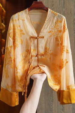 Loose Yellow V Neck Embroidered Silk Shirt - Y2K Summer, 90s Fashion, Grunge, Retro Style
