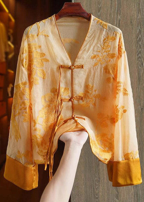 Loose Yellow V Neck Embroidered Silk Shirt - Y2K Summer, 90s Fashion, Grunge, Retro Style