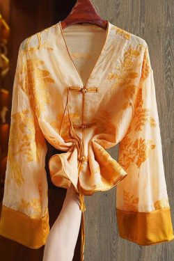 Loose Yellow V Neck Embroidered Silk Shirt - Y2K Summer, 90s Fashion, Grunge, Retro Style