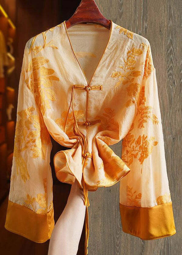 Loose Yellow V Neck Embroidered Silk Shirt - Y2K Summer, 90s Fashion, Grunge, Retro Style