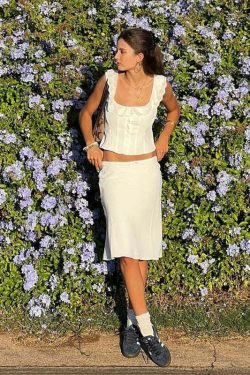 Louise Satin Midi Skirt Set - Y2K Summer, 90s Fashion, Grunge, Retro, Pastel Goth, Y2K