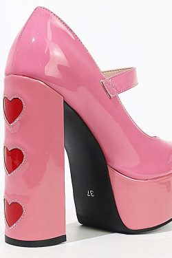 Lovecore Hearts Pink Mary Janes High Heels - Y2K Summer, 90s Fashion, Grunge, Retro Style