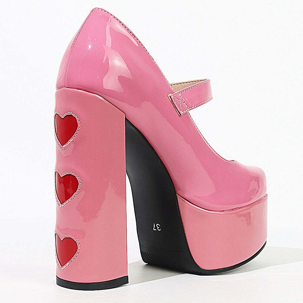 Lovecore Hearts Pink Mary Janes High Heels - Y2K Summer, 90s Fashion, Grunge, Retro Style