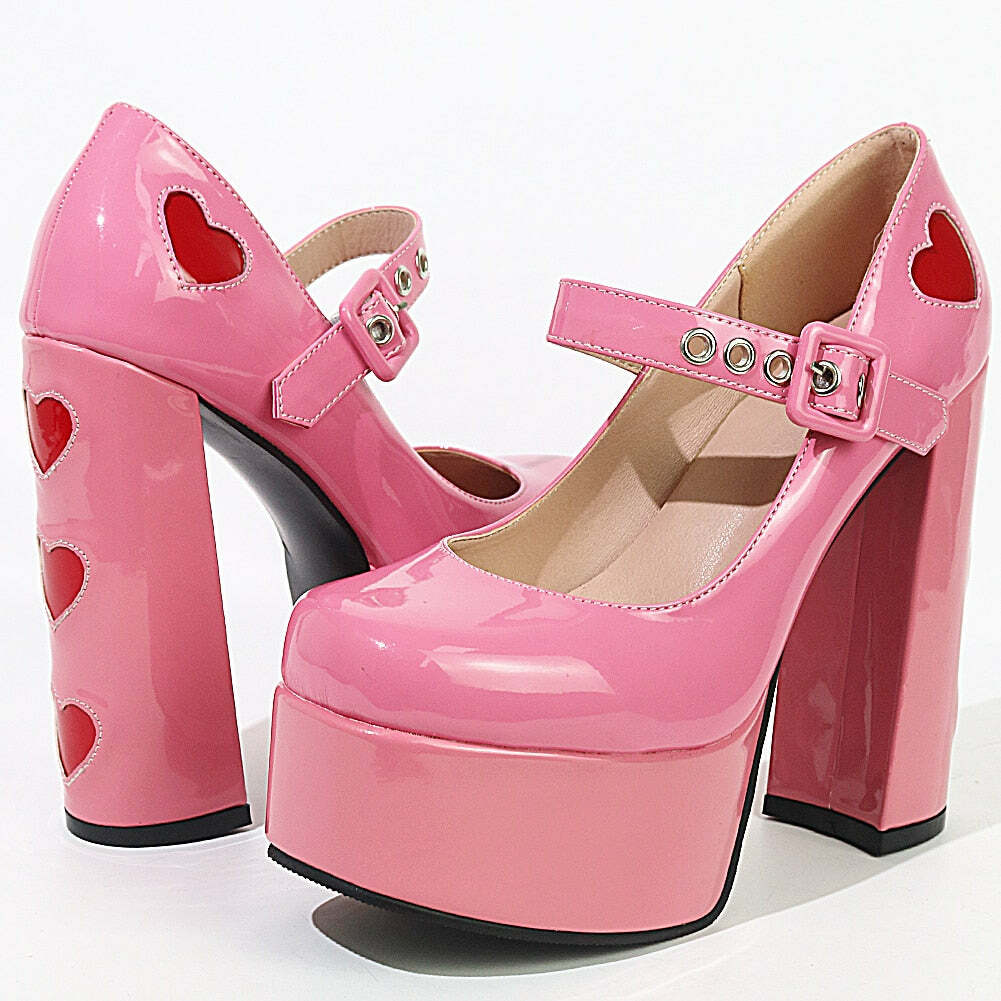 Lovecore Hearts Pink Mary Janes High Heels - Y2K Summer, 90s Fashion, Grunge, Retro Style