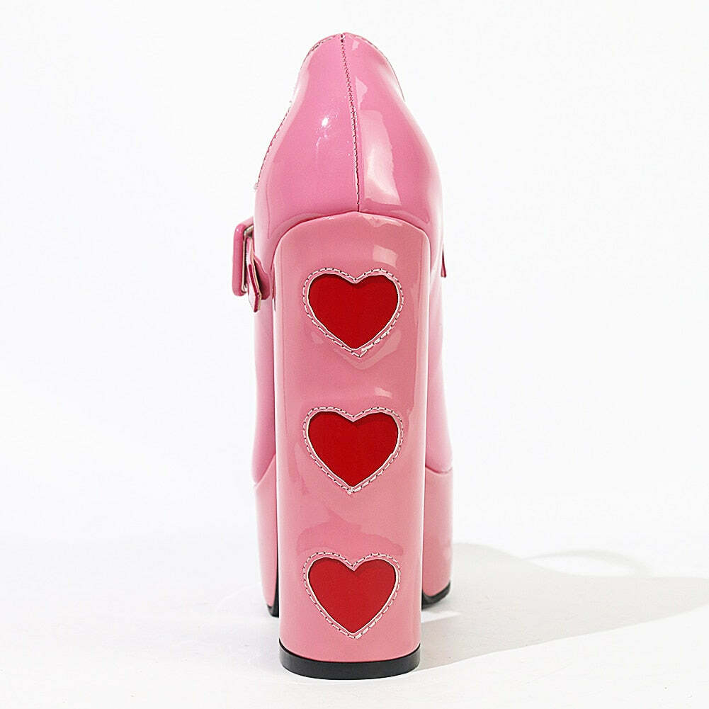 Lovecore Hearts Pink Mary Janes High Heels - Y2K Summer, 90s Fashion, Grunge, Retro Style