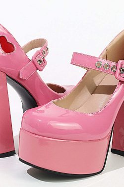 Lovecore Hearts Pink Mary Janes High Heels - Y2K Summer, 90s Fashion, Grunge, Retro Style
