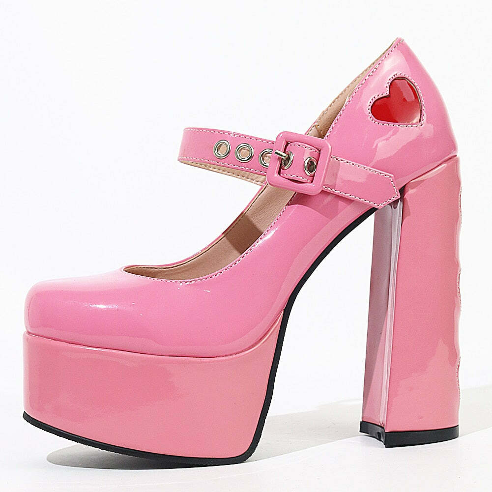 Lovecore Hearts Pink Mary Janes High Heels - Y2K Summer, 90s Fashion, Grunge, Retro Style