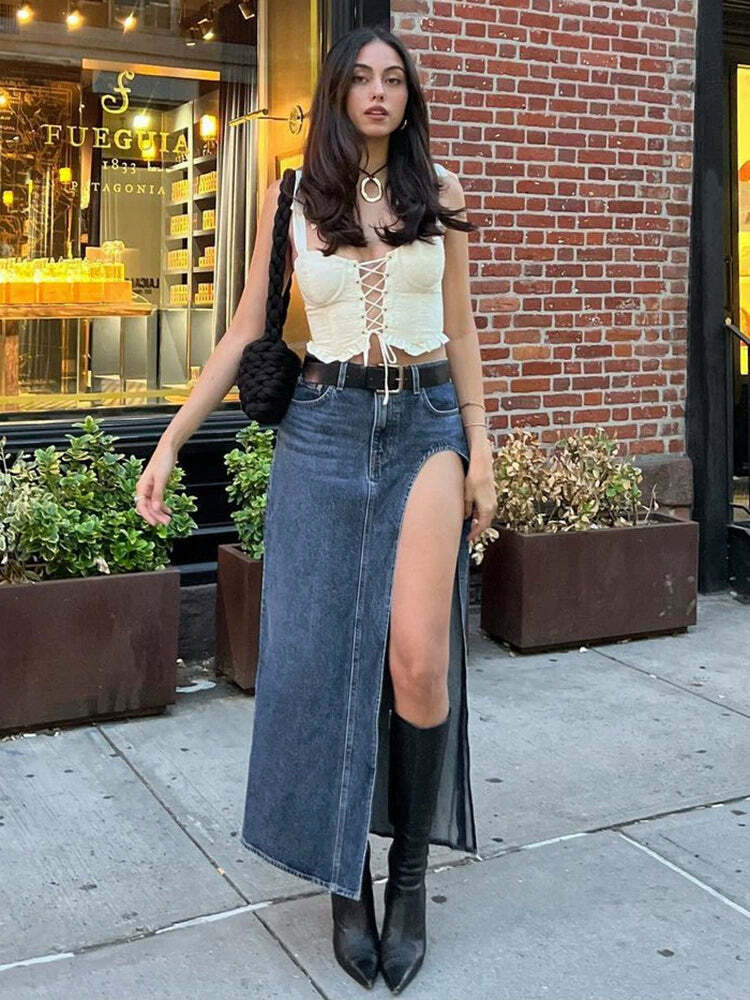 Lovella Denim Slit Maxi Skirt - Y2K Summer, 90s Fashion, Grunge, Retro, Y2K Party & Club