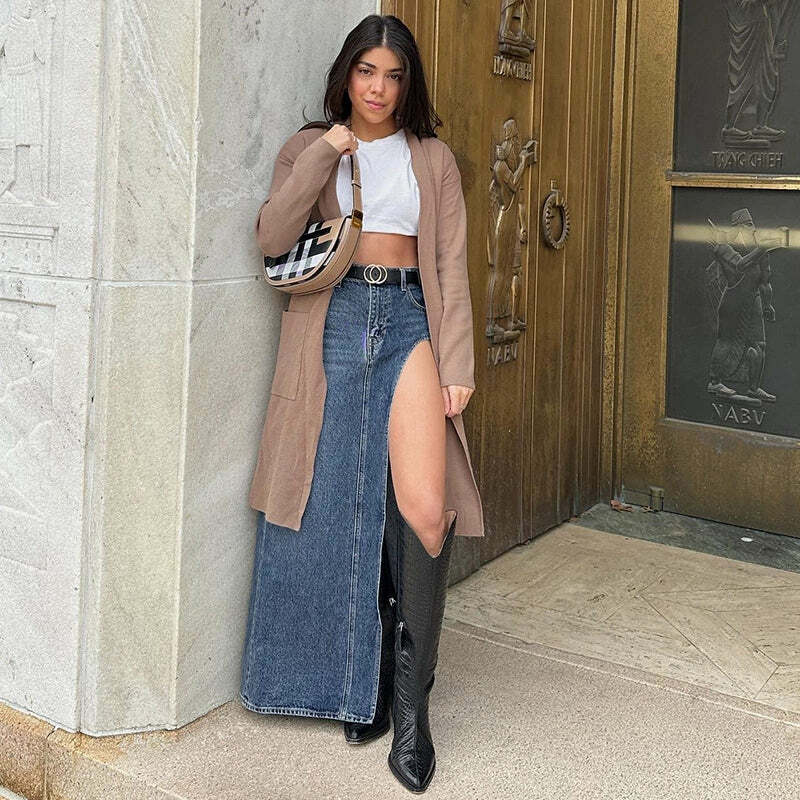 Lovella Denim Slit Maxi Skirt - Y2K Summer, 90s Fashion, Grunge, Retro, Y2K Party & Club