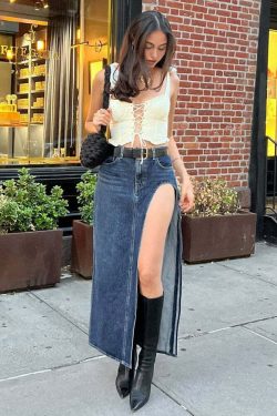 Lovella Denim Slit Maxi Skirt - Y2K Summer, 90s Fashion, Grunge, Retro, Y2K Party & Club