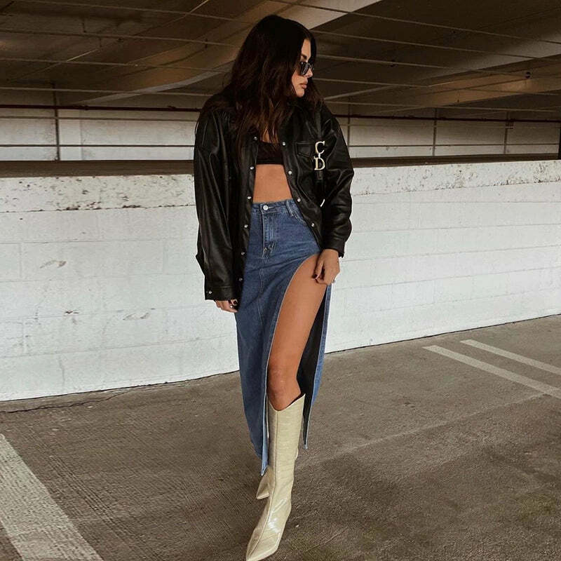 Lovella Denim Slit Maxi Skirt - Y2K Summer, 90s Fashion, Grunge, Retro, Y2K Party & Club