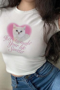 Lovely Cute Cat Aesthetic Crop Top - Y2K Summer, 90s Grunge, Retro, Pastel Goth, Y2K Party Outfit