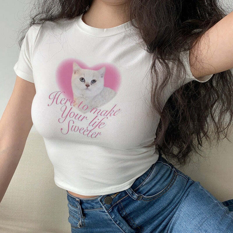 Lovely Cute Cat Aesthetic Crop Top - Y2K Summer, 90s Grunge, Retro, Pastel Goth, Y2K Party Outfit