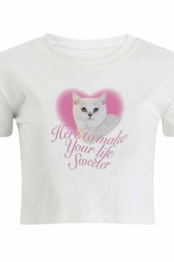 Lovely Cute Cat Aesthetic Crop Top - Y2K Summer, 90s Grunge, Retro, Pastel Goth, Y2K Party Outfit