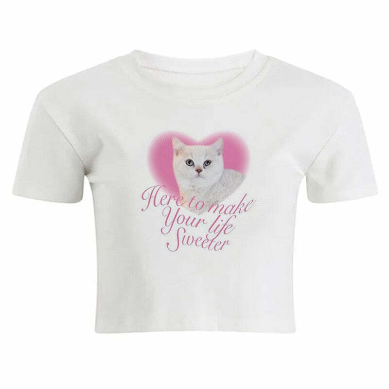 Lovely Cute Cat Aesthetic Crop Top - Y2K Summer, 90s Grunge, Retro, Pastel Goth, Y2K Party Outfit