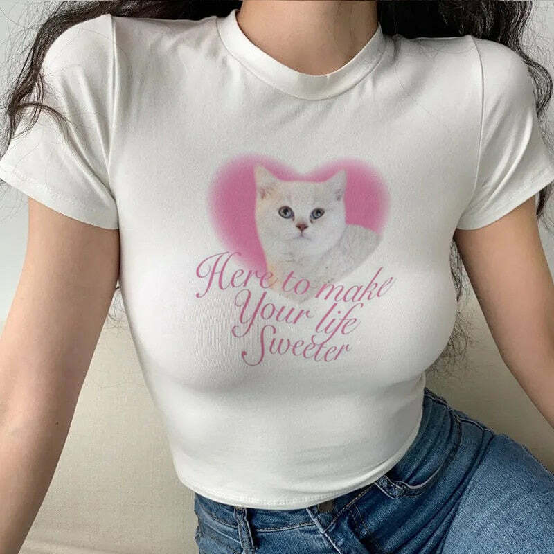Lovely Cute Cat Aesthetic Crop Top - Y2K Summer, 90s Grunge, Retro, Pastel Goth, Y2K Party Outfit