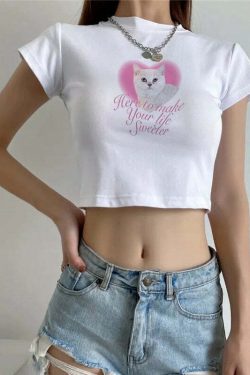 Lovely Cute Cat Aesthetic Crop Top - Y2K Summer, 90s Grunge, Retro, Pastel Goth, Y2K Party Outfit