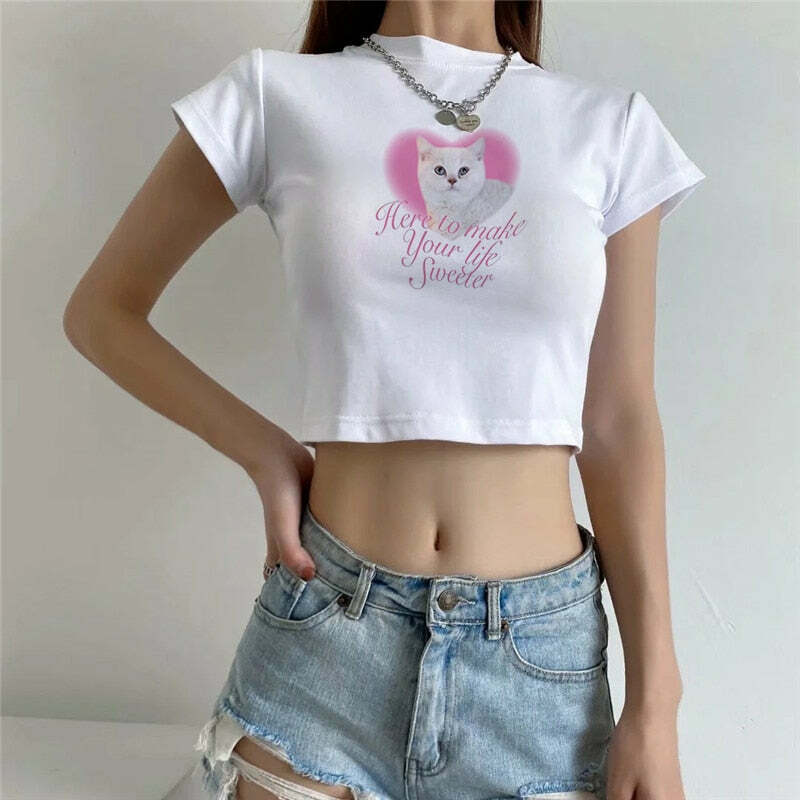 Lovely Cute Cat Aesthetic Crop Top - Y2K Summer, 90s Grunge, Retro, Pastel Goth, Y2K Party Outfit