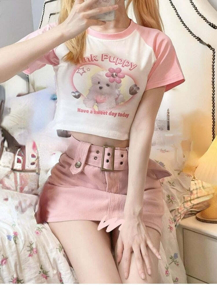 Lovely Dog Crop Top T-shirt - Y2K Summer, 90s Grunge, Retro Style, Baby Tees, Y2K Fashion